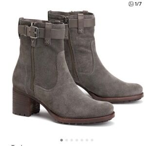 Trask Madison Gray Leather Moto Ankle Boots With Block Heel Lug Sole 9.5